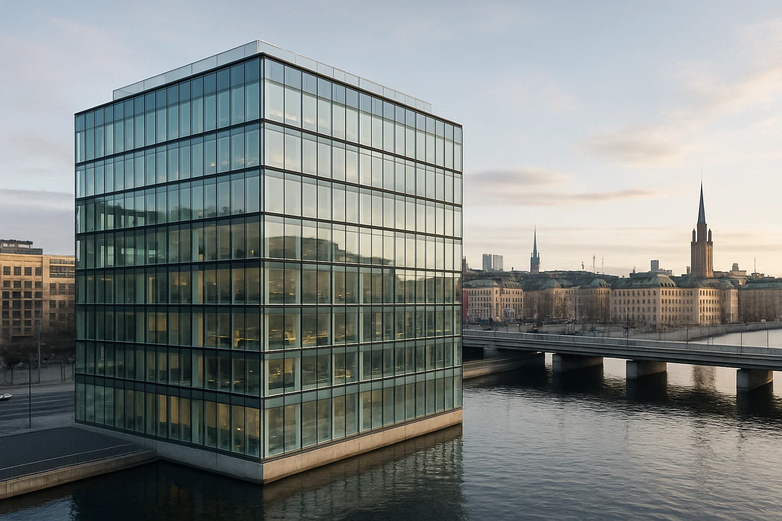 Modernt kontorshus i centrala Stockholm med glasfasad, skandinavisk design och utsikt över stadens skyline.