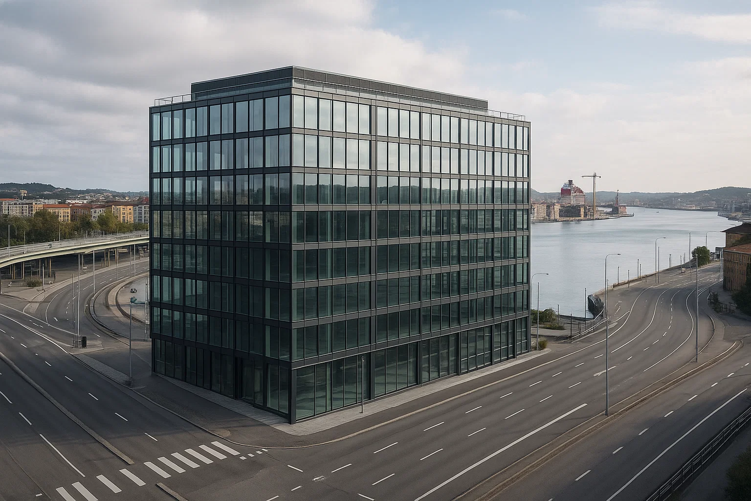 Modernt kontorshus i centrala Göteborg nära hamnen, med glasfasad och stadens skyline i bakgrunden.