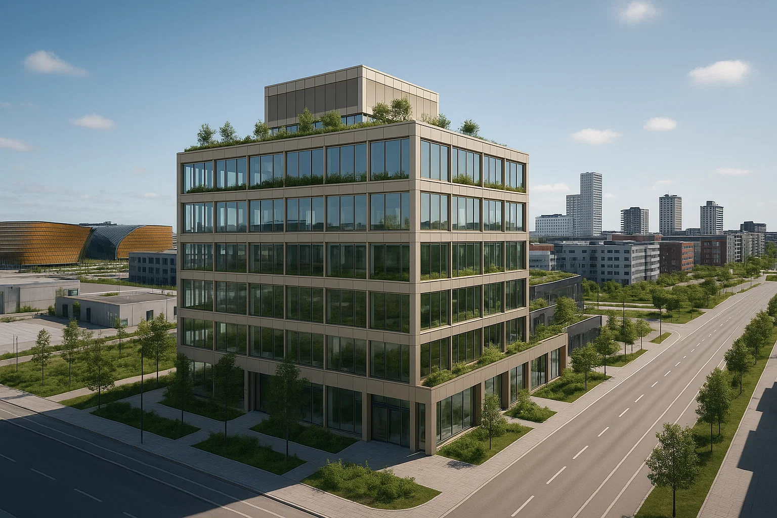 Modernt kontorshus i Hyllie, Malmö, med glasfasad, takterrass och grönska, omgivet av ny stadsutveckling och Emporia i bakgrunden.