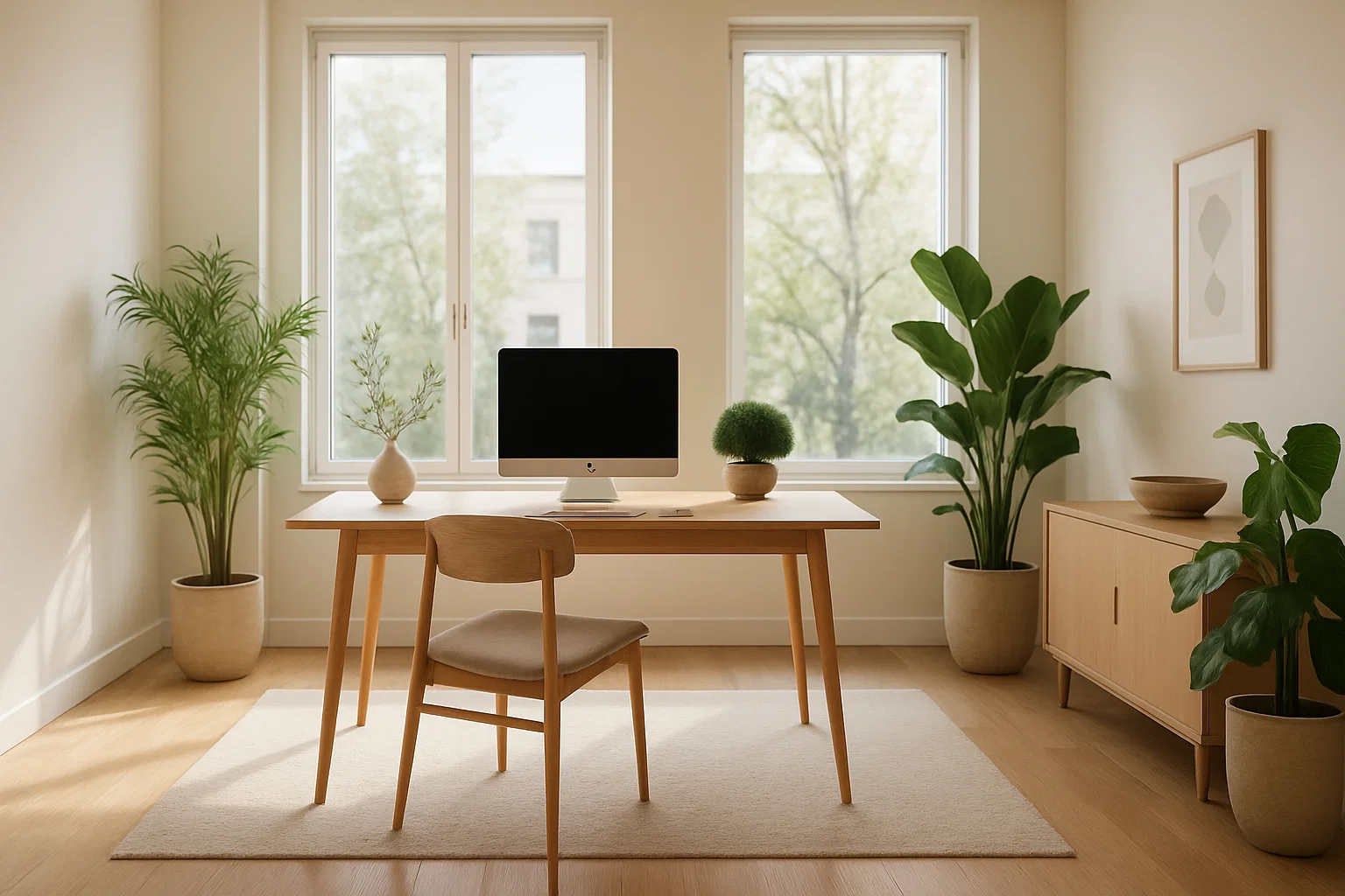 Feng Shui-inspirerat kontor med minimalistiskt skrivbord, stora fönster, gröna växter och harmonisk inredning i ljusa färger.