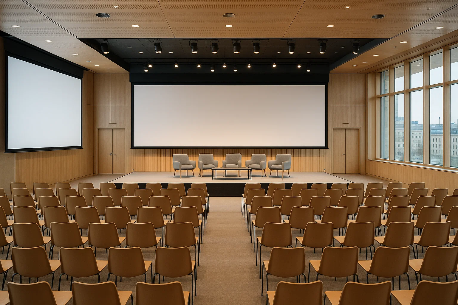 Konferenssal i Stockholm med modern skandinavisk design, scen och stora skärmar för ett fastighetsevent, professionell och ljus atmosfär.