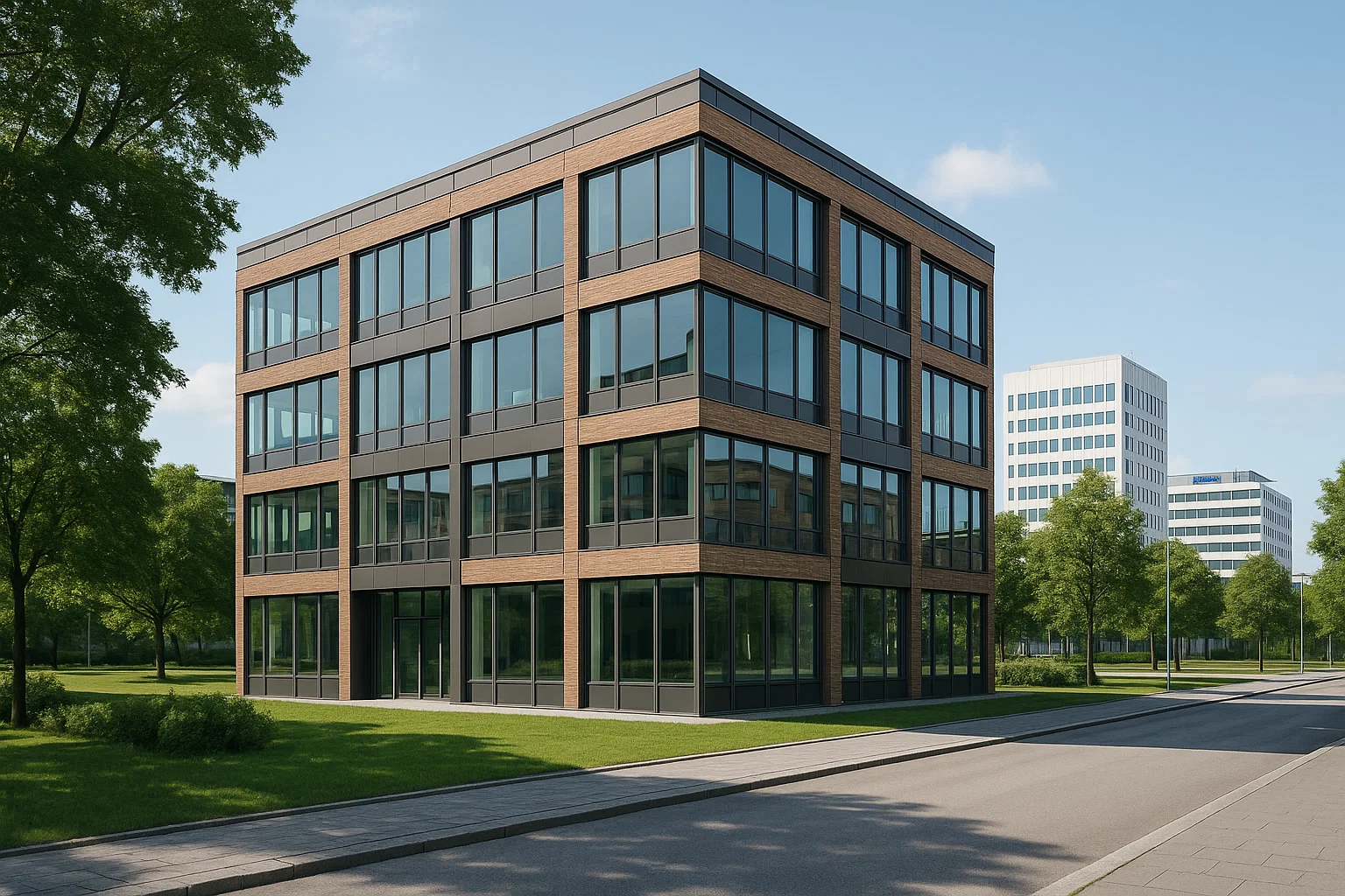 Modernt kontorshus i Lund med glas- och tegelarkitektur, omgiven av grönska och stadens innovativa miljö nära Ideon Science Park.
