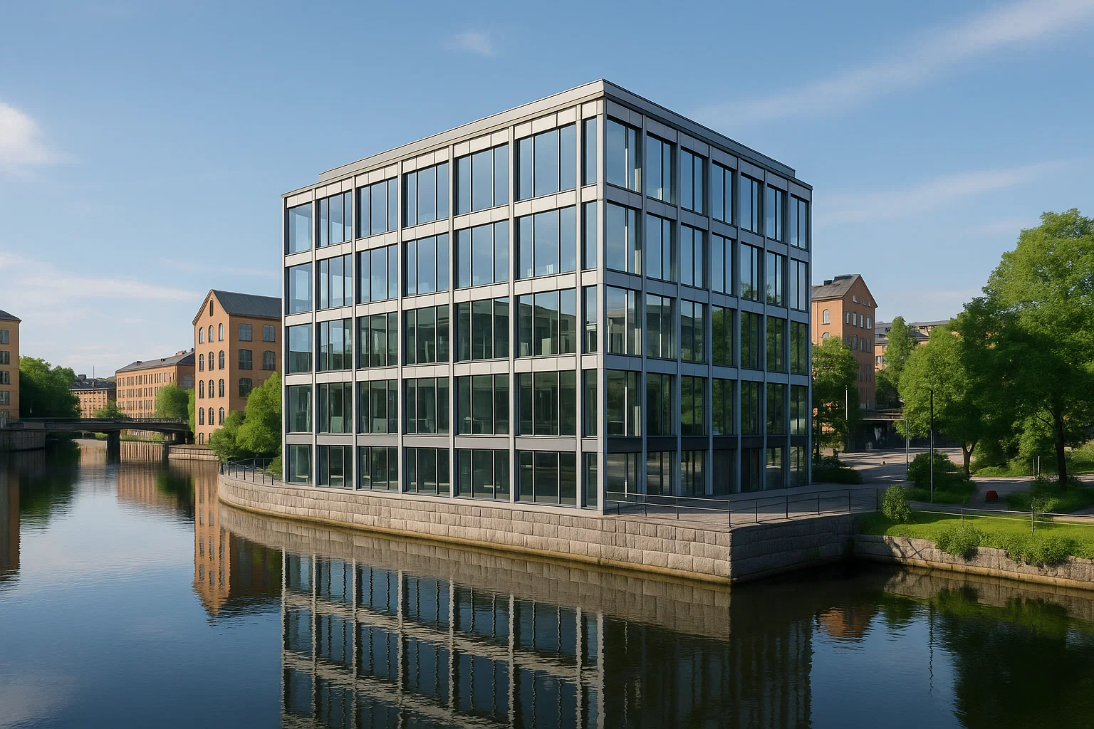 Modernt kontorshus i centrala Norrköping med glas- och ståldesign, beläget vid Motala ström och omgiven av stadens historiska industribyggnader och grönska.