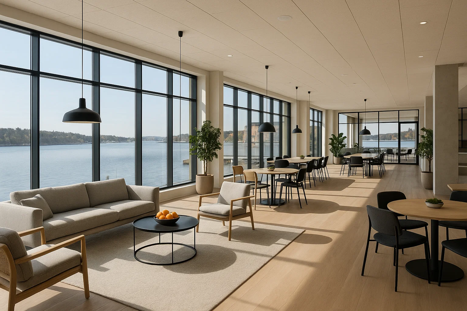 Modernt Club Office i Nacka Strand med stora fönster mot vattnet, skandinavisk design och flexibla kontorsytor med lounge- och mötesrum.