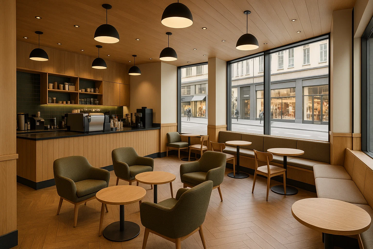 Modernt Starbucks-café i Stockholm med stora fönster mot en handelsgata, skandinavisk design och mysiga loungeytor i ljus miljö.