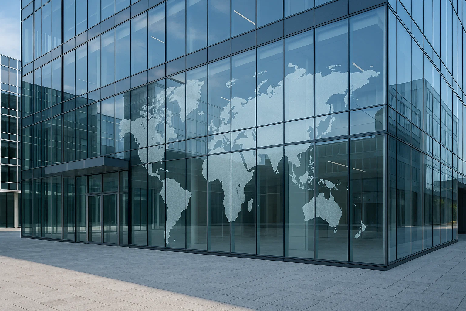 Modernt kontorshus i glas med reflektion av en världskarta som symboliserar global standardisering och internationellt samarbete inom fastighetsmätning.