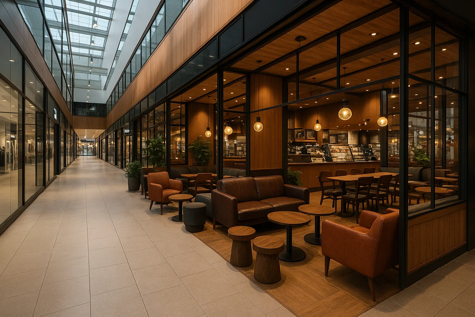 Interiör av en modern galleria i Luleå med en nyöppnad kaffebutik, glasfasader, trädetaljer och en skandinavisk designad atmosfär.