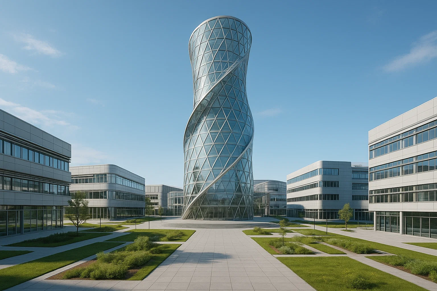 Futuristiskt vetenskapsområde i Lund med ikonbyggnad i glas och stål, omgiven av kontor, laboratorier och gröna stadsytor.