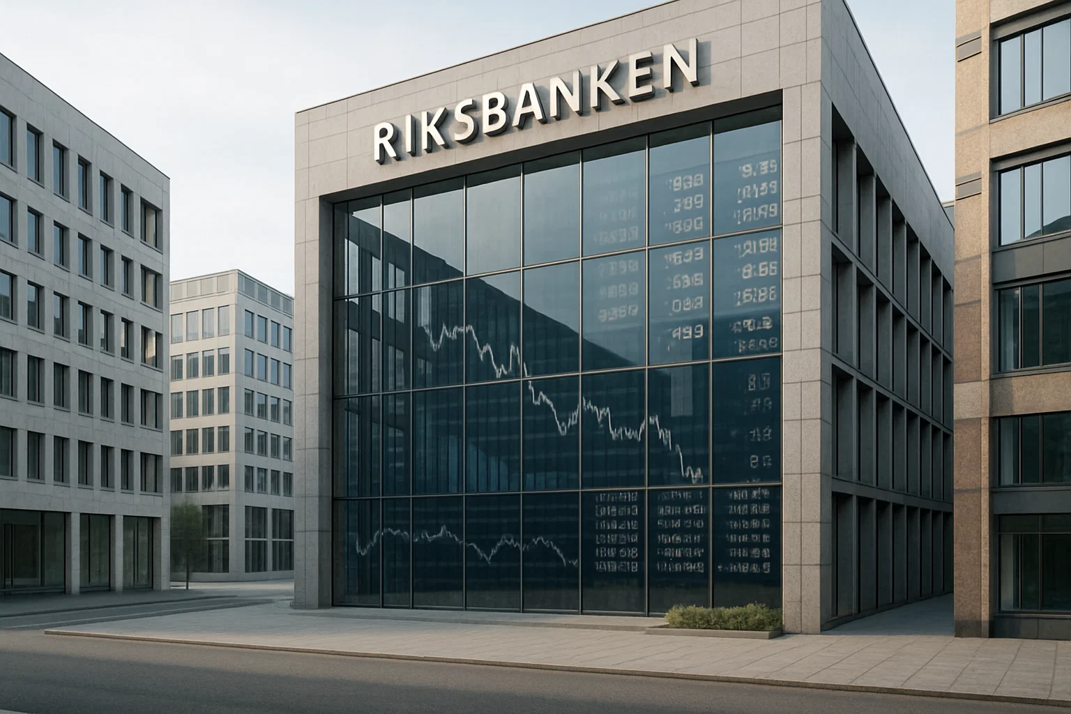 Modern byggnad som symboliserar Riksbankens räntesänkning, med glasfasader i ett svenskt finansdistrikt.