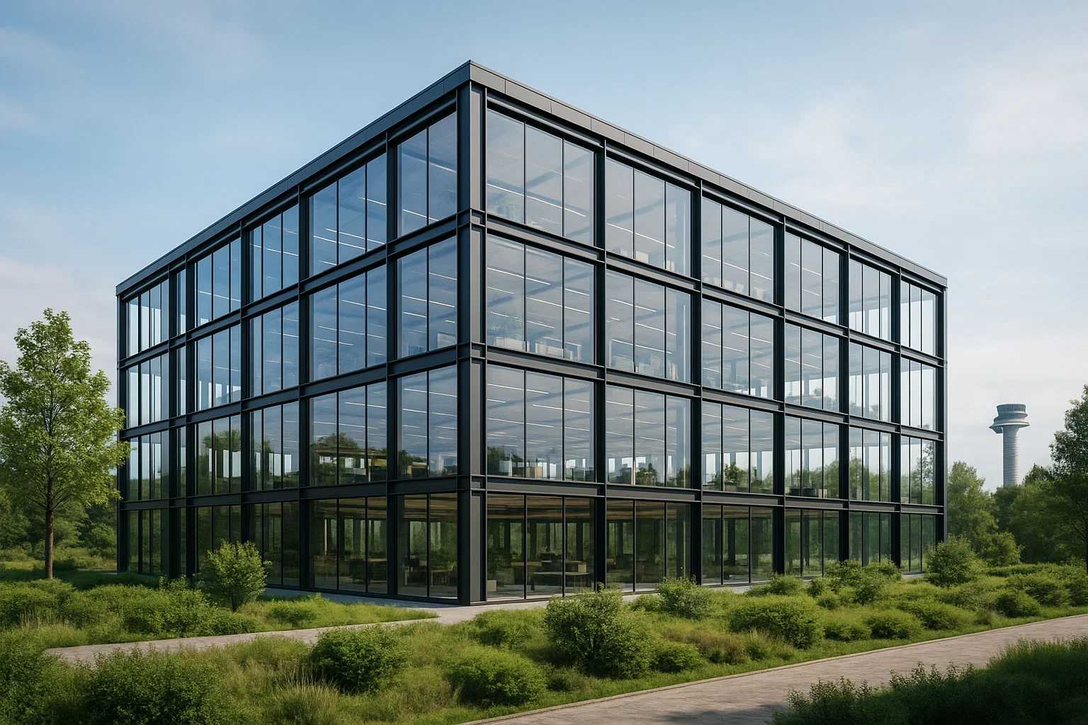 Modernt kontorshus vid Arlanda med glasfasad och skandinavisk design, planerat som Swedavias nya huvudkontor.