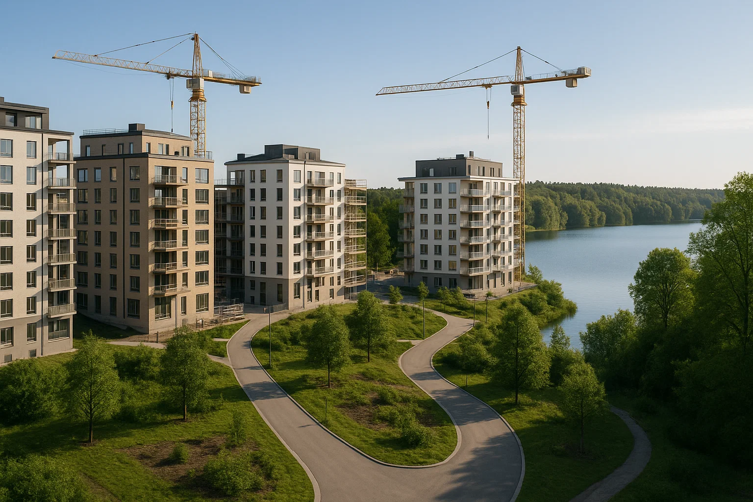 Nybyggnation av moderna bostadshus vid Magelungens strand i Farsta med vattenutsikt och grönska.