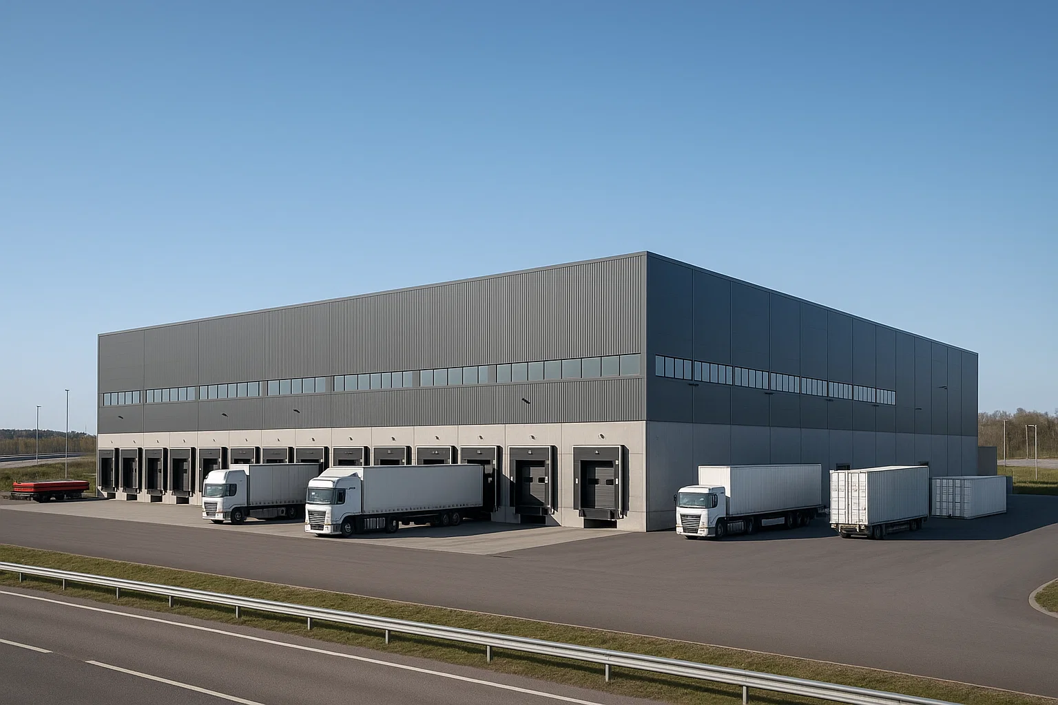Modernt logistiklager i Sverige med lastbilar och lastportar, symboliserande e-handelns tillväxt.