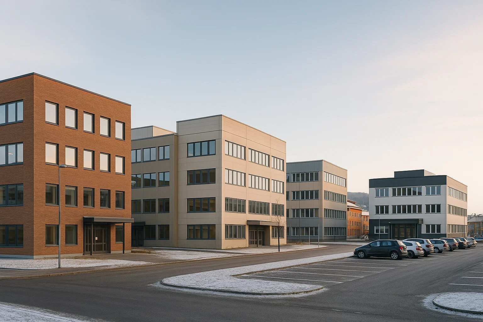 Kontors- och kommersiella fastigheter i Östersund och Sundsvall, moderna byggnader med skandinavisk arkitektur.