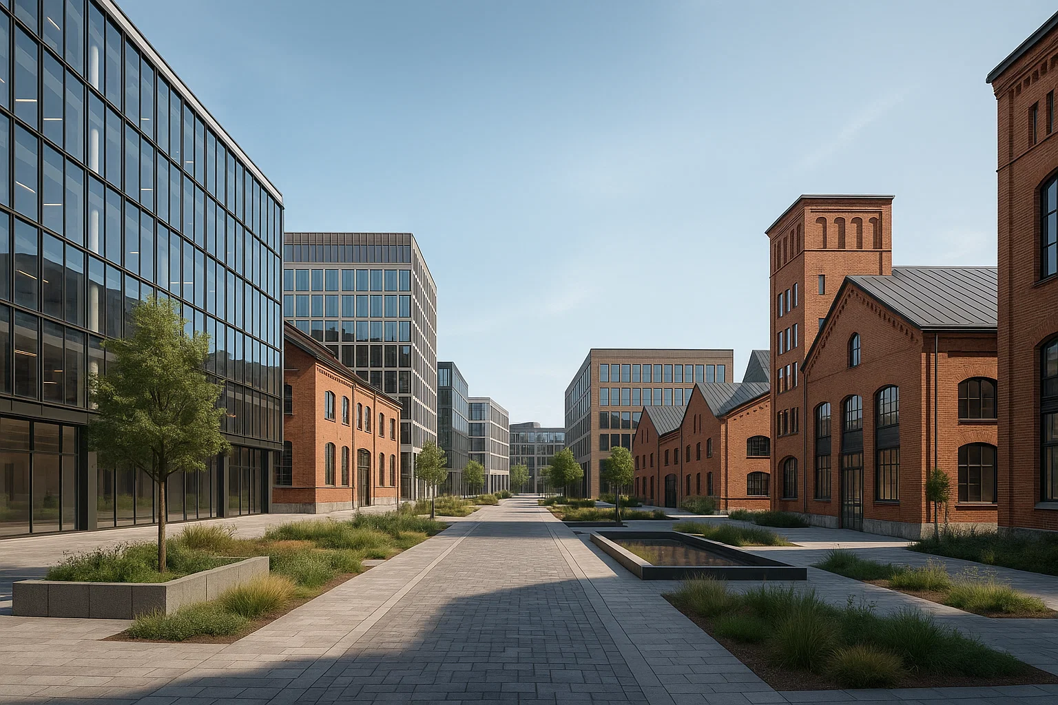 Slakthusområdet i Stockholm under utveckling – moderna kontorsbyggnader kombinerade med renoverade industrifasader i en ny urban blandstad.