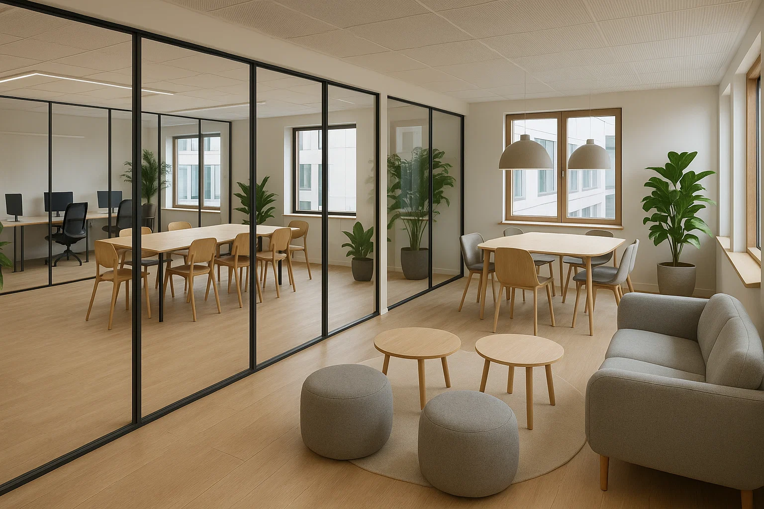 Aktivitetsbaserat kontor med olika arbetszoner och coworking-inspirerad design i modern skandinavisk stil.