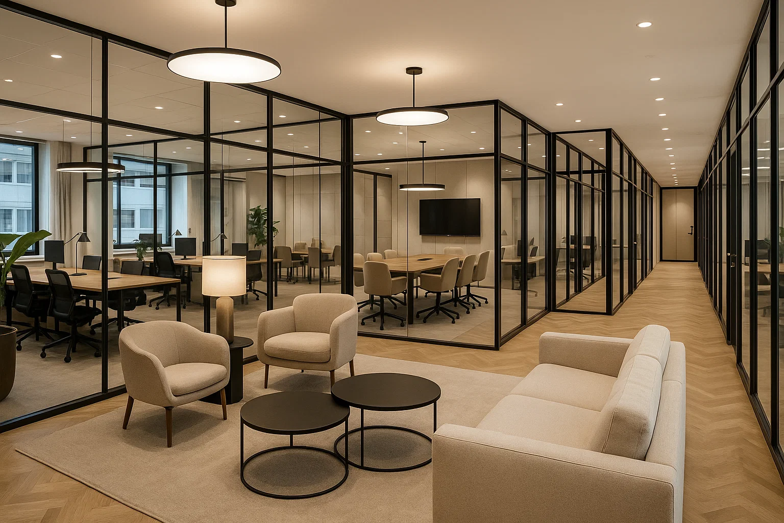 Modernt coworking-kontor från Convendum med glasväggar, loungeytor, privata kontor och flexibla arbetsplatser i skandinavisk design.