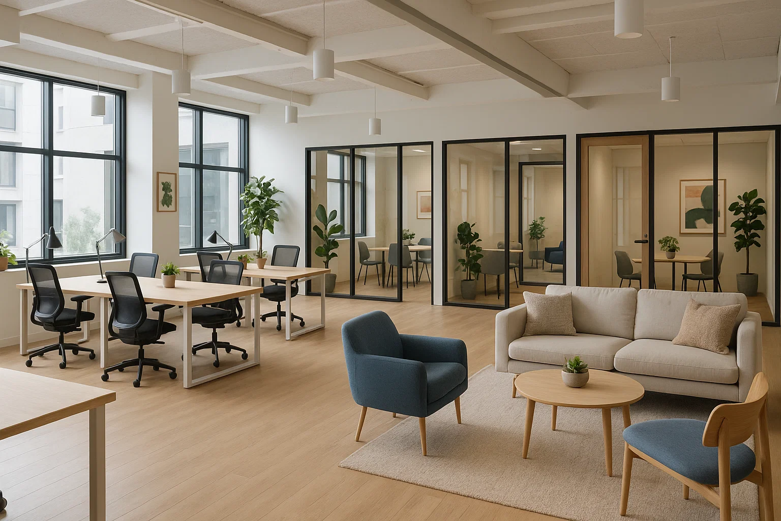 Öppet coworking-kontor med flexibla arbetsytor, moderna möbler och trivselhöjande design i ljus skandinavisk stil.