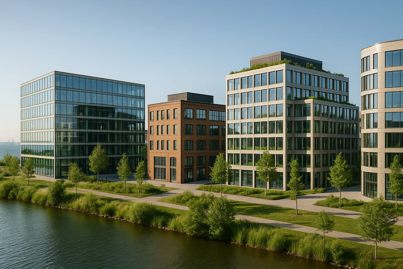 Moderna kontorsbyggnader i Malmö – Hyllie med utsikt över Öresund och hållbara kontor i Västra Hamnen.