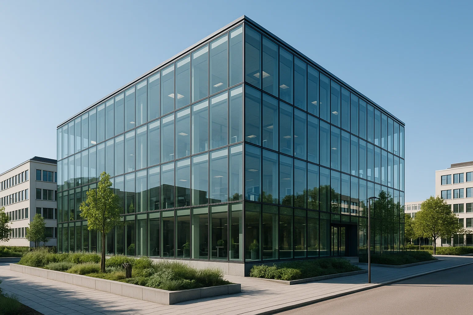 Modern kontorsbyggnad i Sverige med hållbar design och glasfasad.