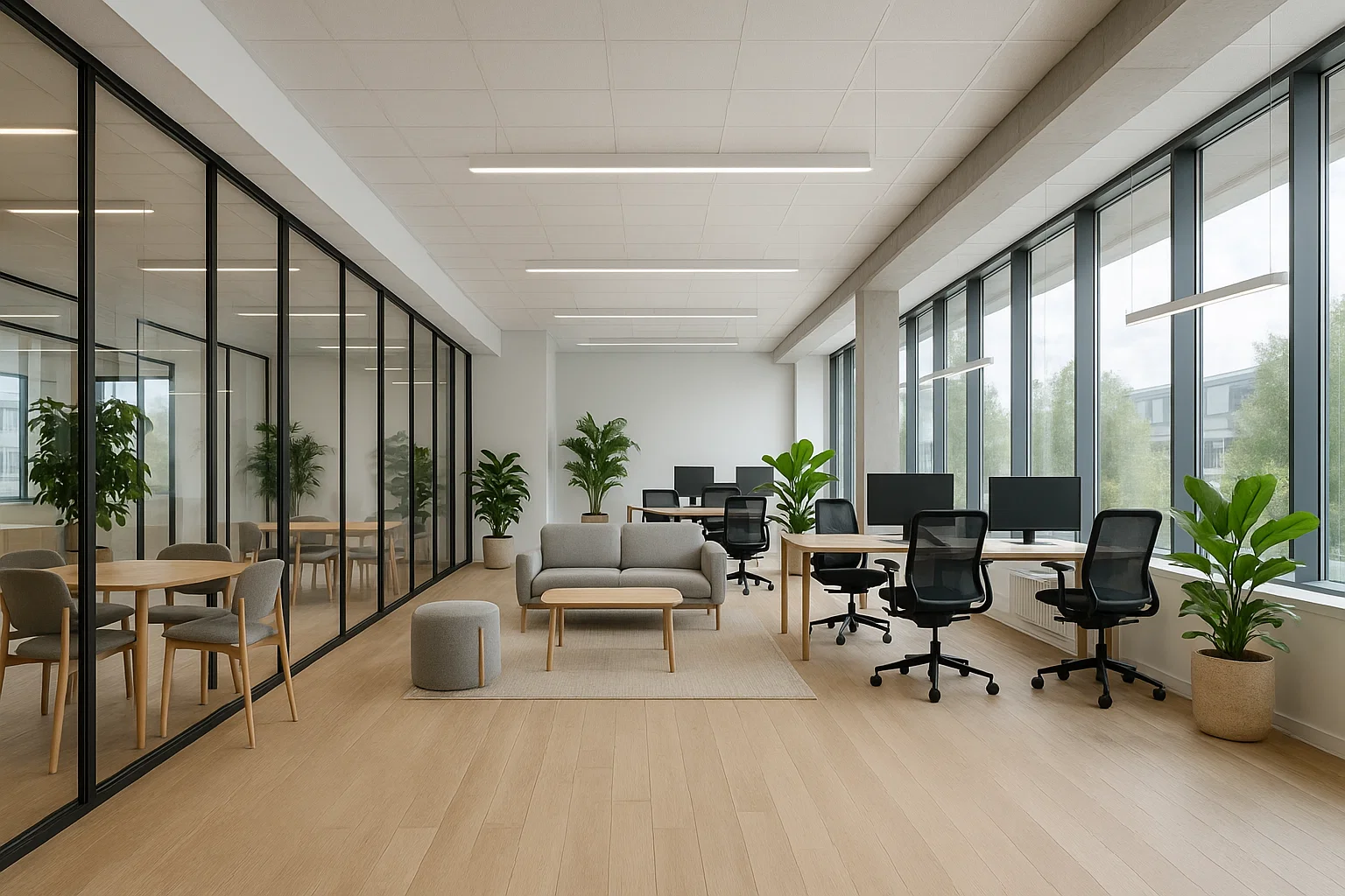 Modernt coworkingkontor i Sverige med ljusa ytor, glasväggar och hållbar design.