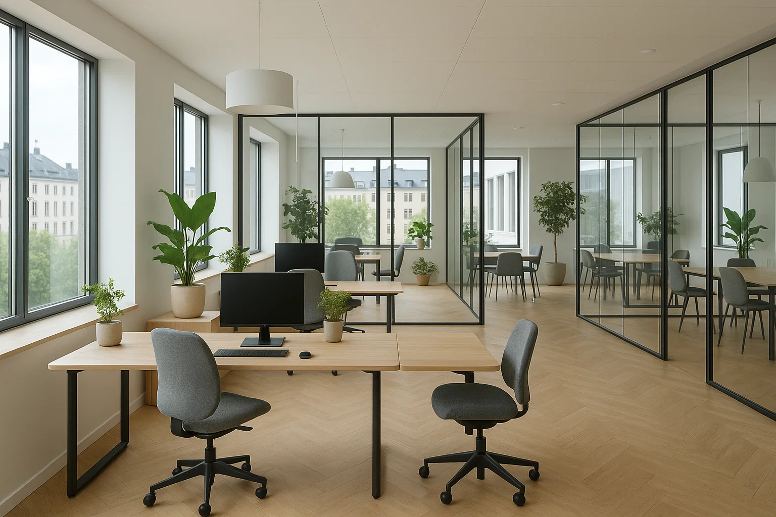 Skandinaviskt kontor i Stockholm med ergonomisk design, glasväggar och naturligt ljus.