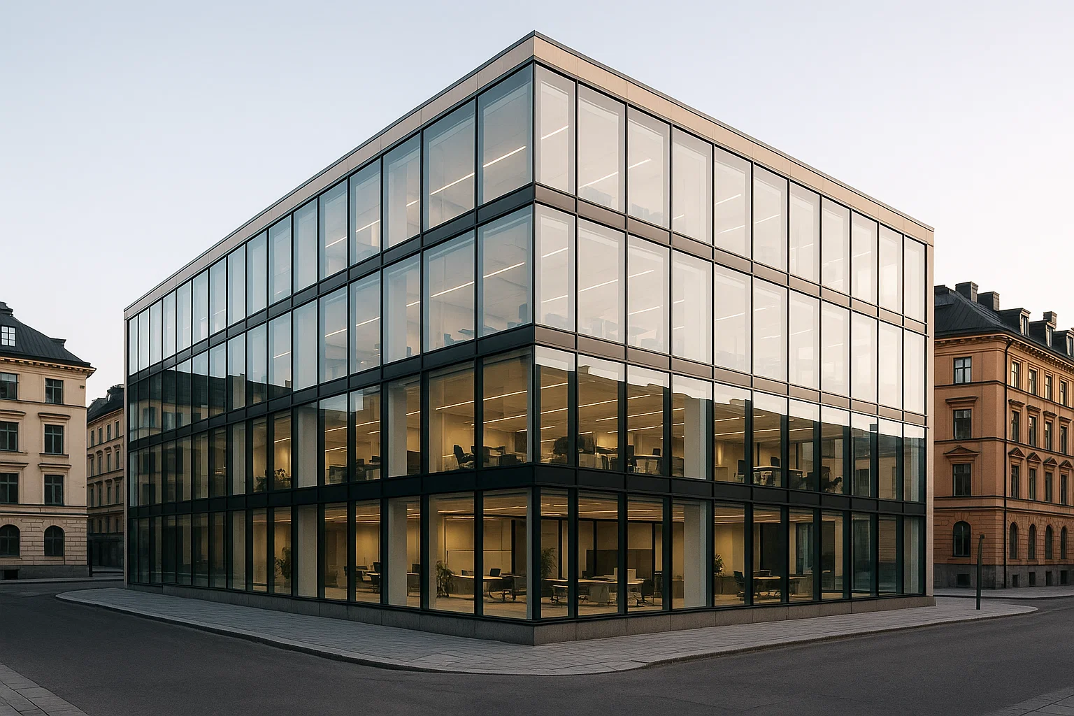 Modernt kontorshus i centralt läge i Sverige med glasfasad och stilren design.