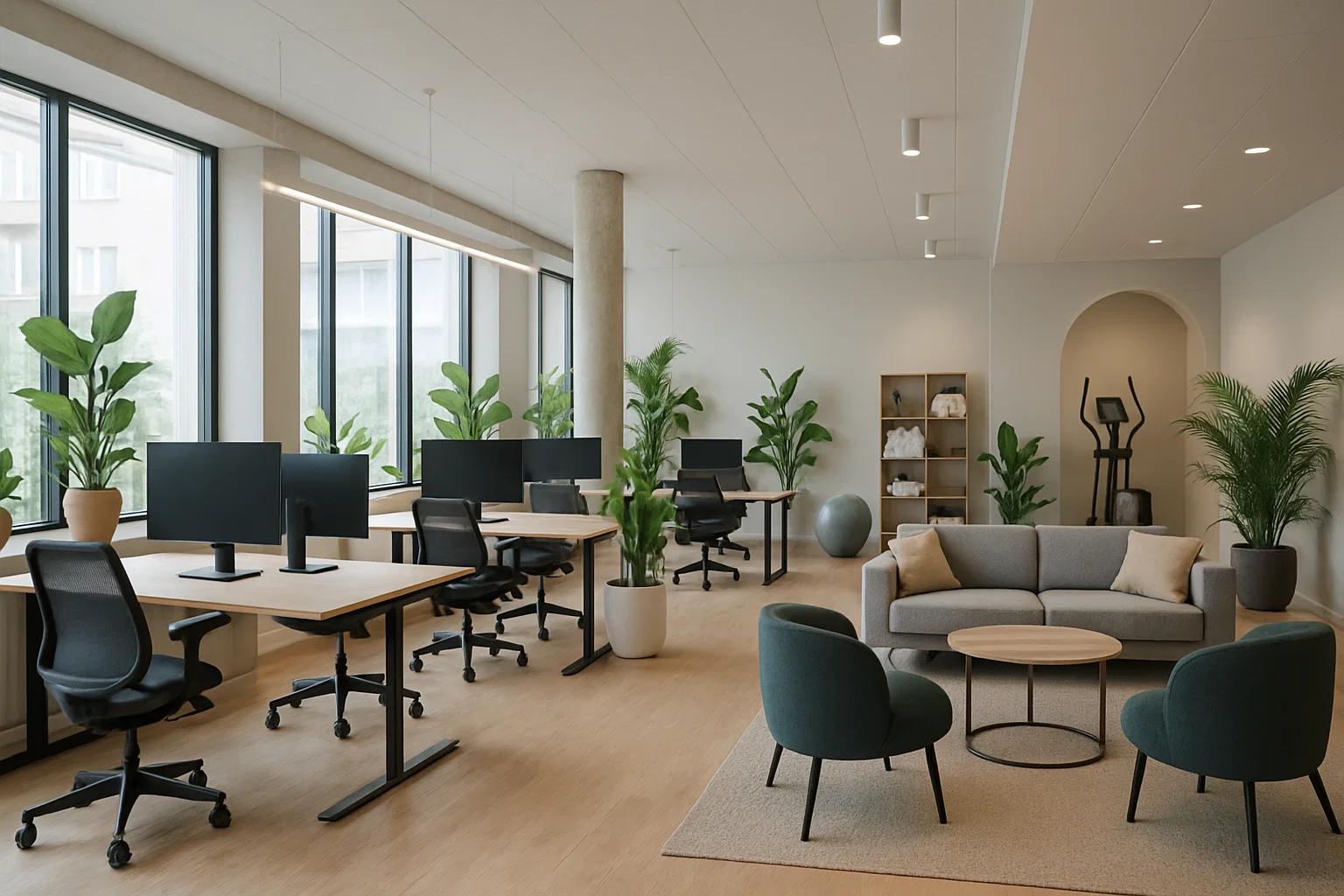 Modernt coworkingkontor i Sverige med ljusa öppna ytor, ergonomiska möbler och gröna inslag.
